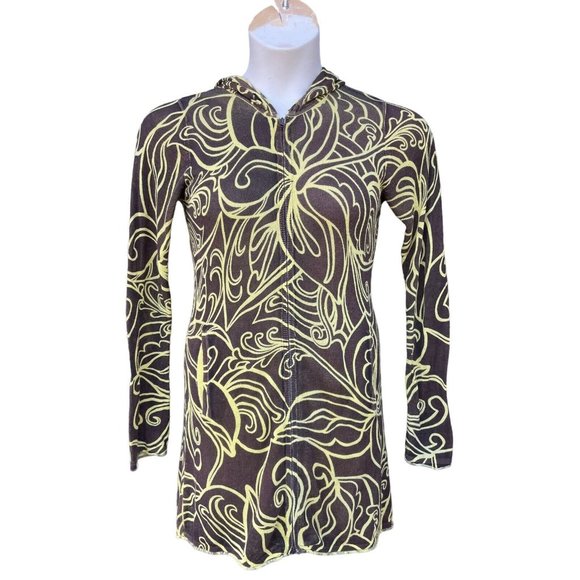 Athleta Hoodie Sweater Full Zip Sz S Tunic Brown Yellow Floral Pattern Pockets - Picture 1 of 5
